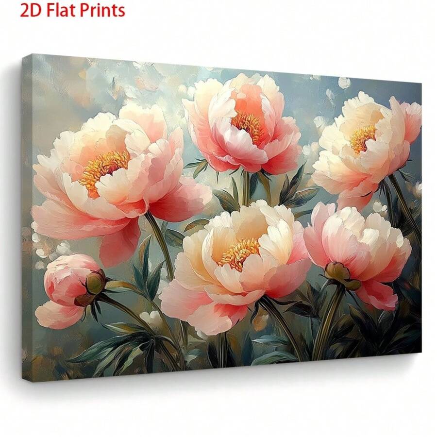 Angled view of matte 2D flat peony canvas print surface