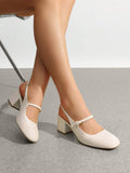 low chunky heel Mary Jane pumps image 4 showing visible heel, strap, toe, color, and material details