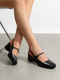 low chunky heel Mary Jane pumps image 16 showing visible heel, strap, toe, color, and material details