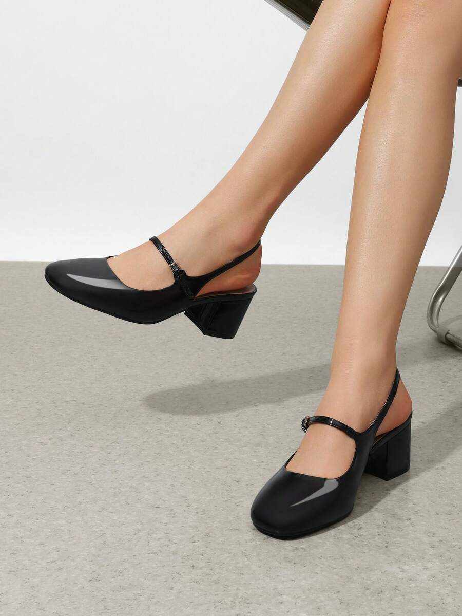low chunky heel Mary Jane pumps image 15 showing visible heel, strap, toe, color, and material details