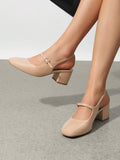 low chunky heel Mary Jane pumps image 12 showing visible heel, strap, toe, color, and material details