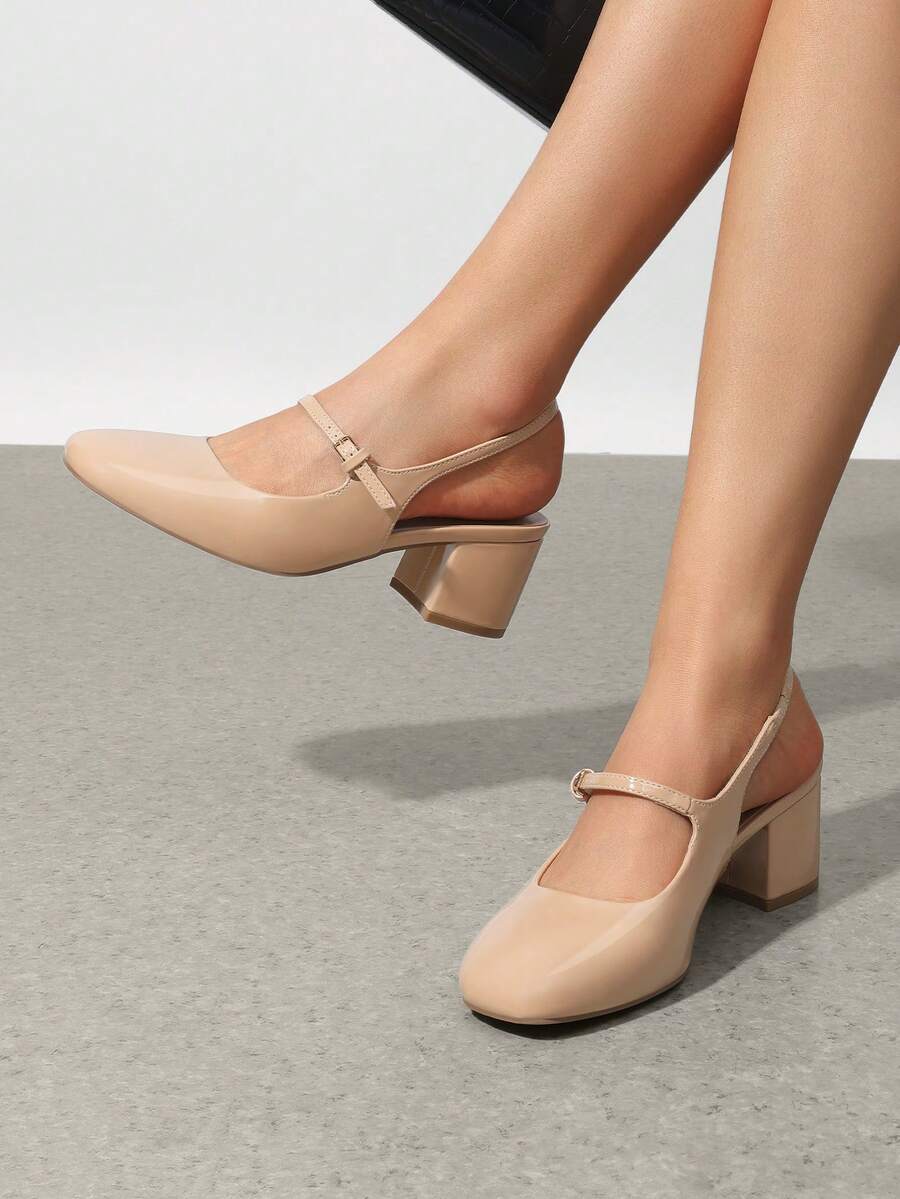 low chunky heel Mary Jane pumps image 12 showing visible heel, strap, toe, color, and material details