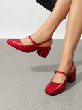 low chunky heel Mary Jane pumps image 7 showing visible heel, strap, toe, color, and material details