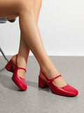 low chunky heel Mary Jane pumps image 6 showing visible heel, strap, toe, color, and material details