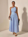Blue white striped one-shoulder cutout maxi dress front view