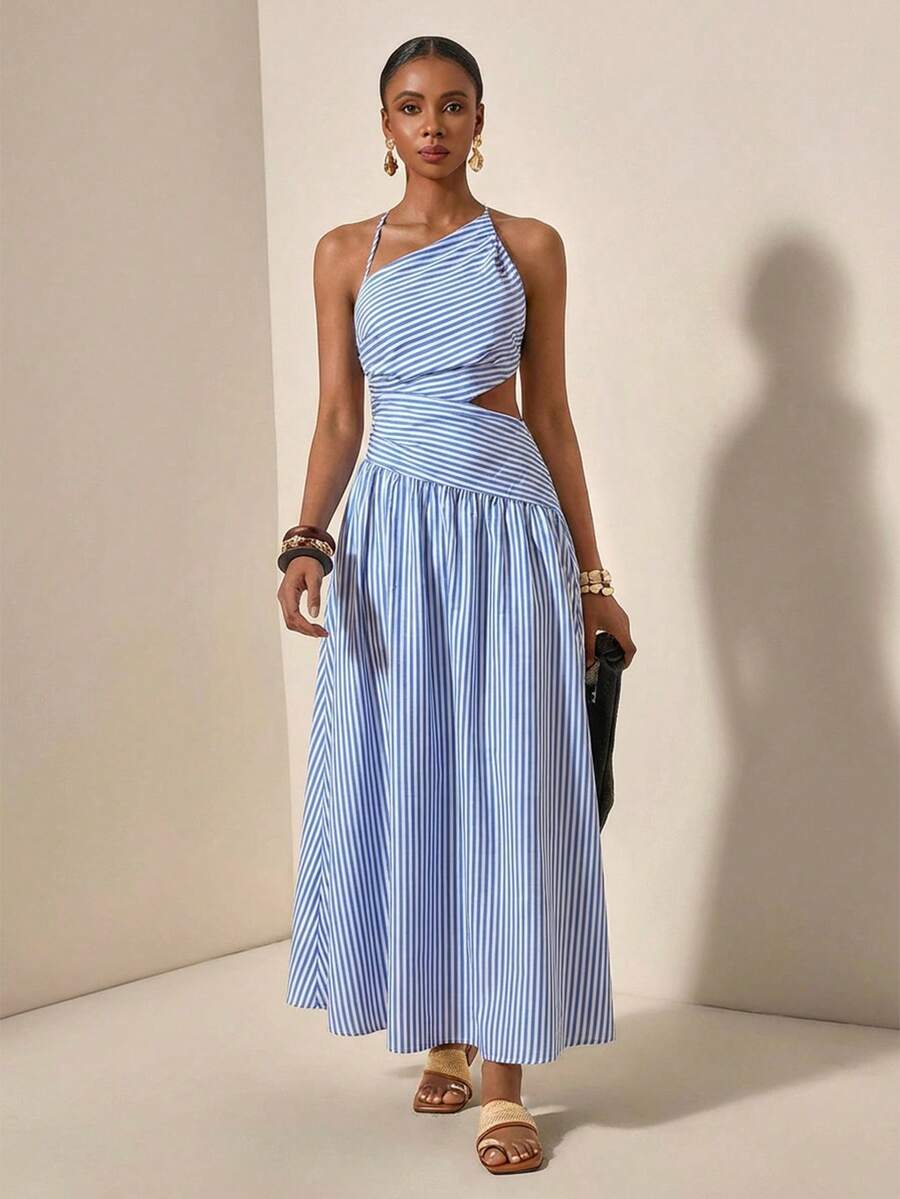 Blue white striped one-shoulder cutout maxi dress front view