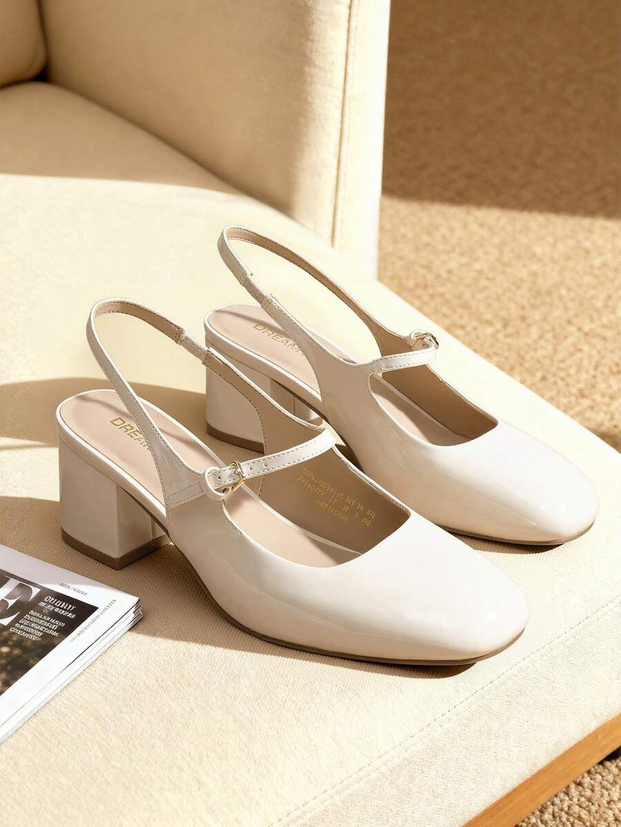 low chunky heel Mary Jane pumps image 1 showing visible heel, strap, toe, color, and material details