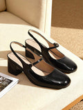 low chunky heel Mary Jane pumps image 14 showing visible heel, strap, toe, color, and material details