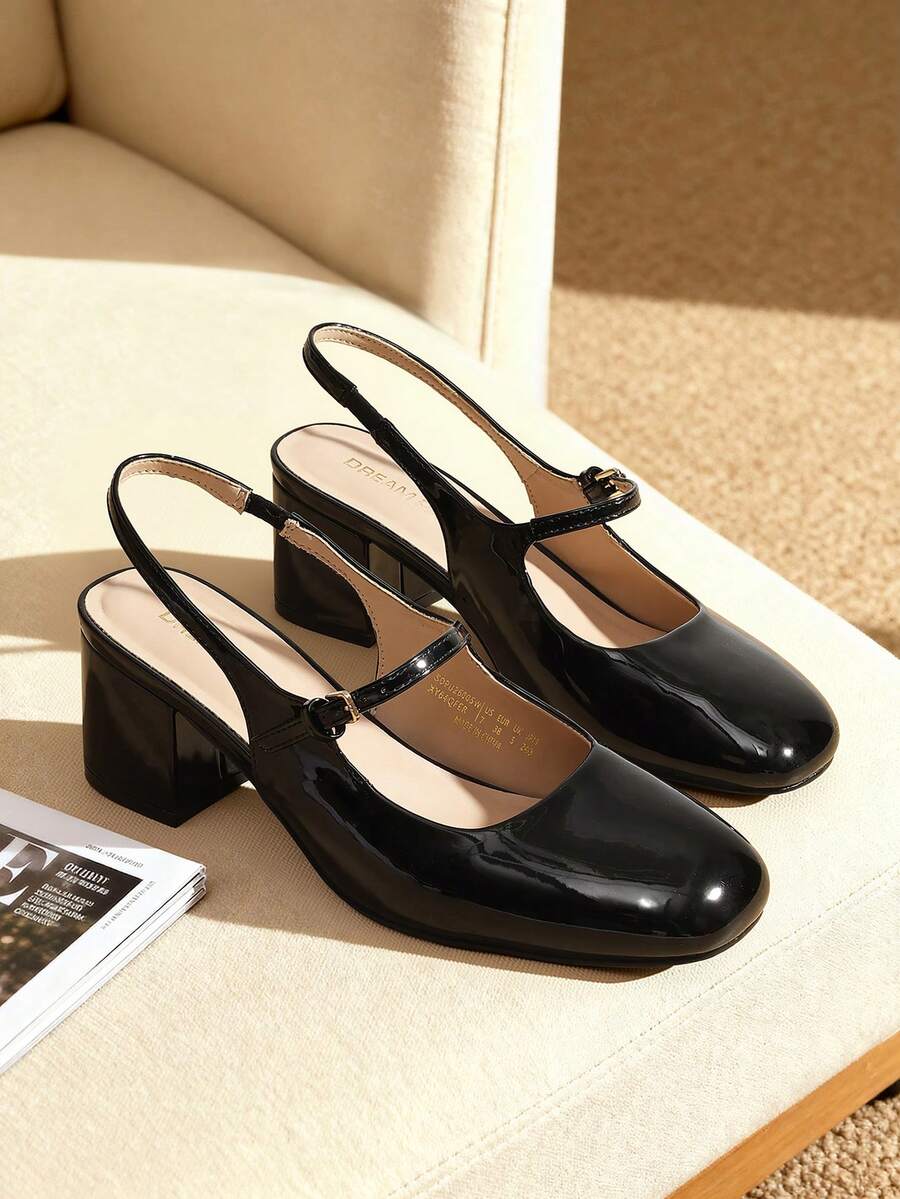 low chunky heel Mary Jane pumps image 14 showing visible heel, strap, toe, color, and material details