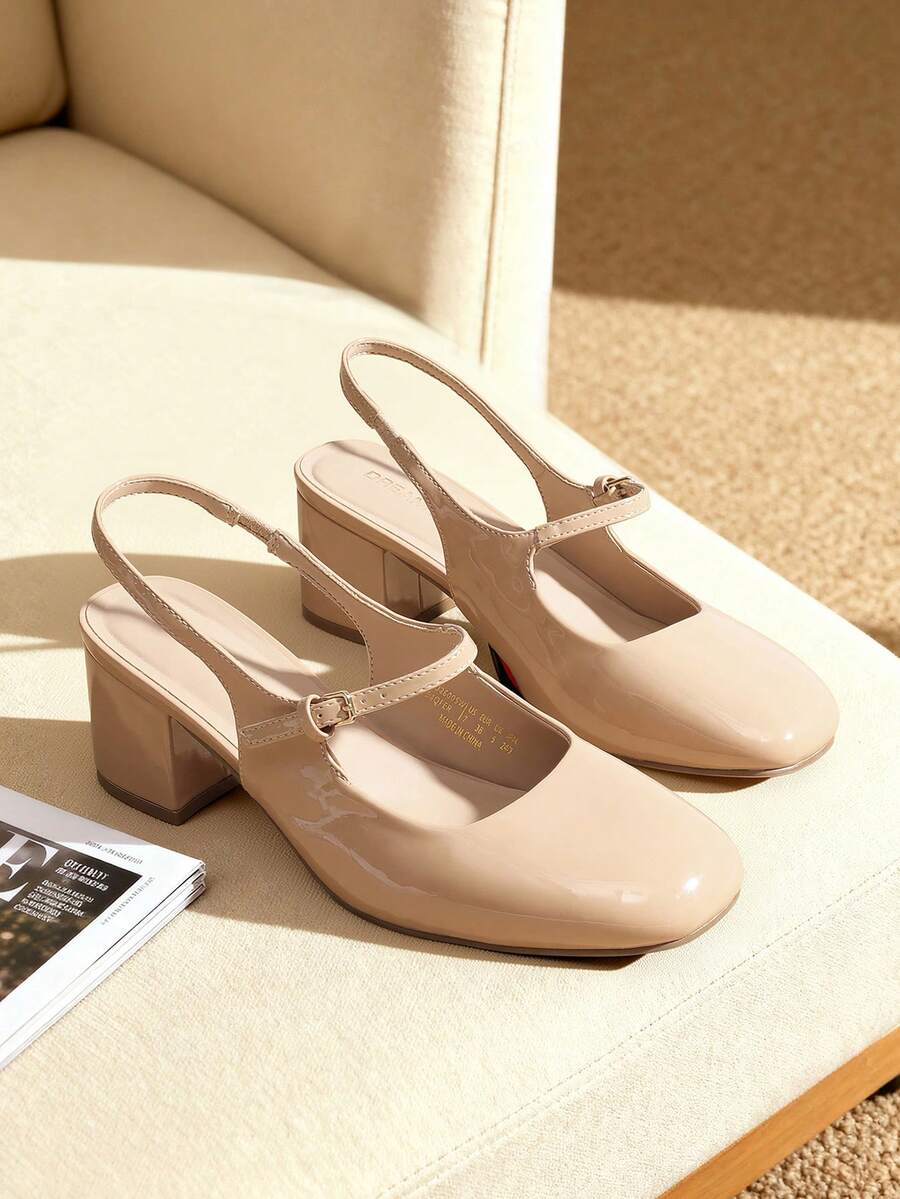 low chunky heel Mary Jane pumps image 10 showing visible heel, strap, toe, color, and material details