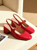 low chunky heel Mary Jane pumps image 5 showing visible heel, strap, toe, color, and material details