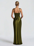 Front full-length view of olive green satin gown with square neckline and fitted silhouette