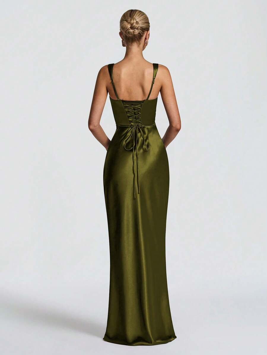Front full-length view of olive green satin gown with square neckline and fitted silhouette