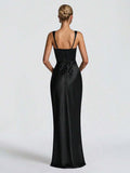 Front full-length view of teal satin slip dress with square neckline and fitted long skirt