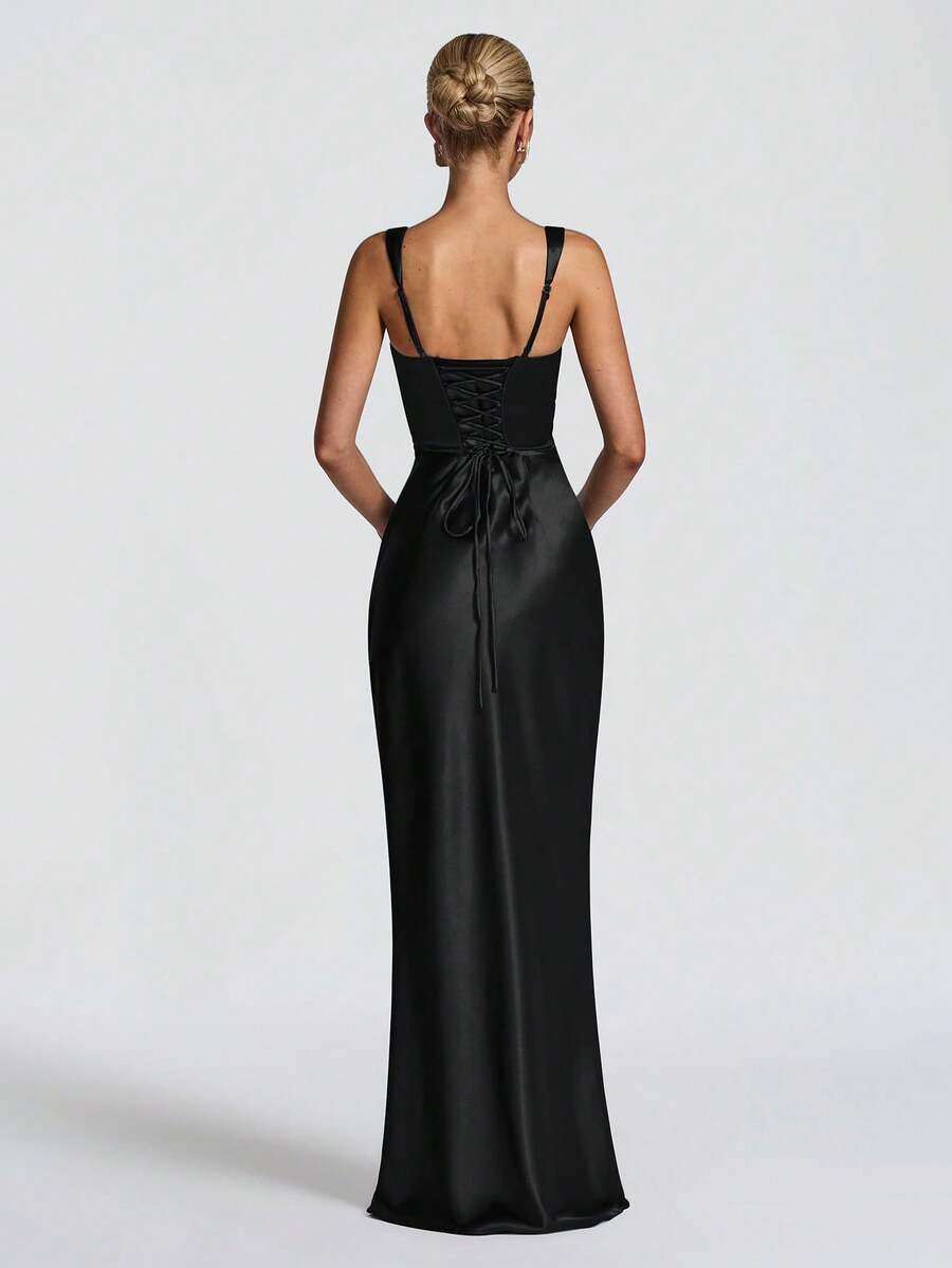 Front full-length view of teal satin slip dress with square neckline and fitted long skirt