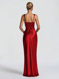 Front full-length view of plum satin mermaid gown with square neckline and sleeveless straps