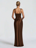 Rear full-length view of brown satin gown with lace-up back detail and slim straps