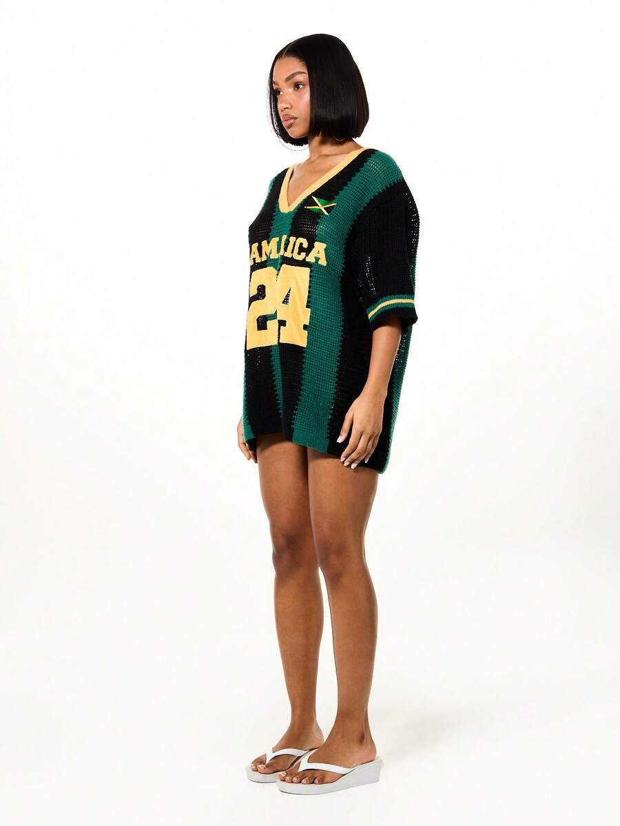 Back view of sporty crochet cover-up top for resort wear