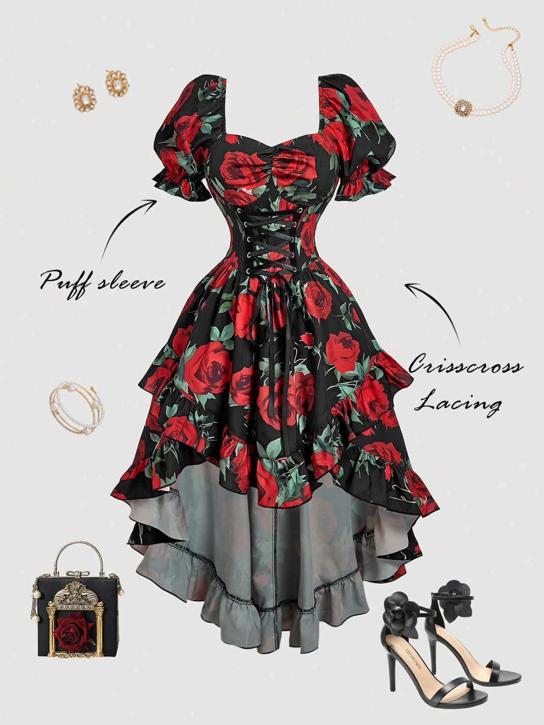 Elevate your seasonal wardrobe with this striking midi dress, where timeless elegance meets contemporary design. The dramatic black and red floral pattern commands attention while maintaining sophisticated appeal, perfect for garden parties, brunches, and evening gatherings. Voluminous puff sleeves add romantic dimension and flattering structure to the silhouette, while the high-low hemline creates dynamic movement and versatile styling options. Crafted for spring and summer occasions, this piece transition