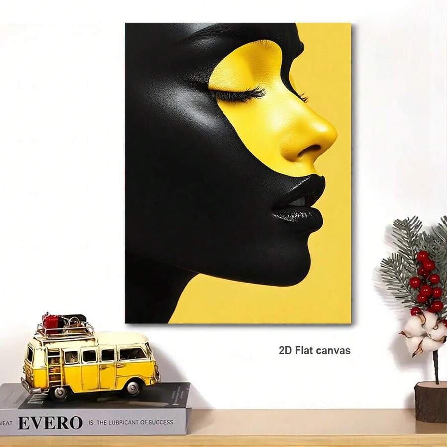 Yellow female portrait canvas wall art with black contrast face