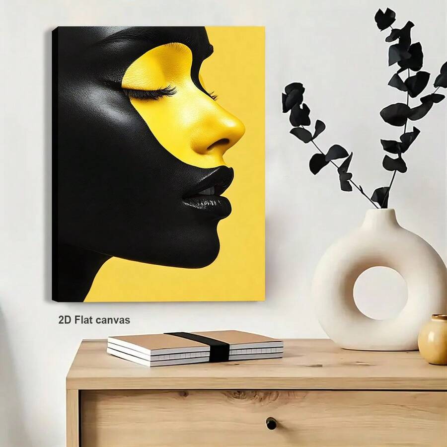 Yellow female portrait canvas wall art with black contrast face