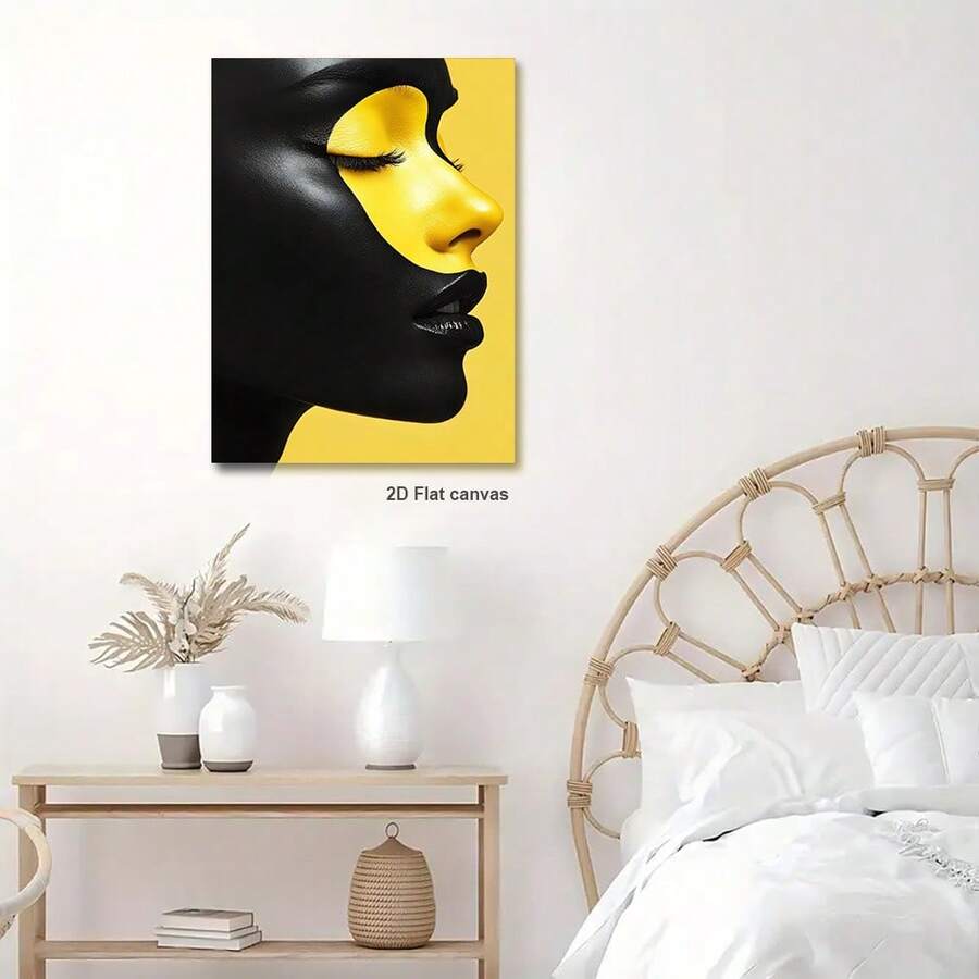 2D flat yellow portrait wall art above bed in boho bedroom