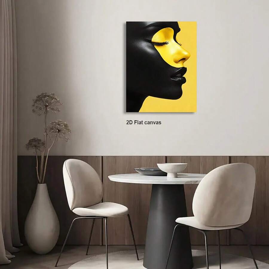 Yellow female face canvas art in neutral dining nook