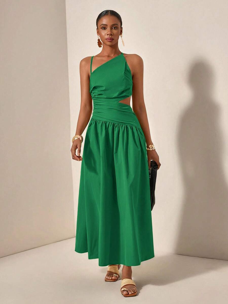 Green one-shoulder cutout maxi dress front view