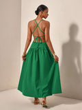 Back view green open-back crisscross tie maxi dress