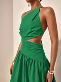 Close-up green one-shoulder maxi dress with waist cutout