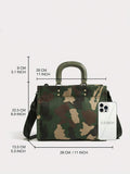 Front size diagram of army green camouflage handbag showing 28 cm width, 22.5 cm height and 13.5 cm depth