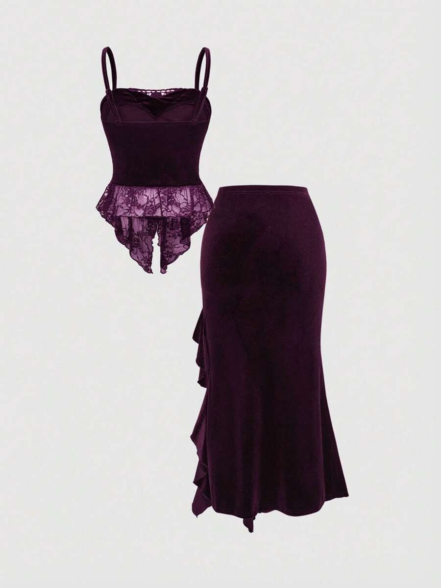Purple gothic velvet camisole and asymmetric ruffled maxi skirt set front view