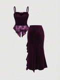 Purple gothic velvet camisole and long ruffled skirt set back view