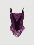 Purple velvet lace-trim camisole with floral applique and pointed lace hem