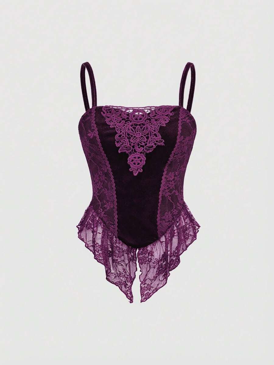 Purple velvet lace-trim camisole with floral applique and pointed lace hem