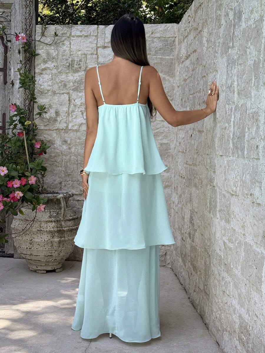 Mint spaghetti strap tiered chiffon maxi sundress front view
