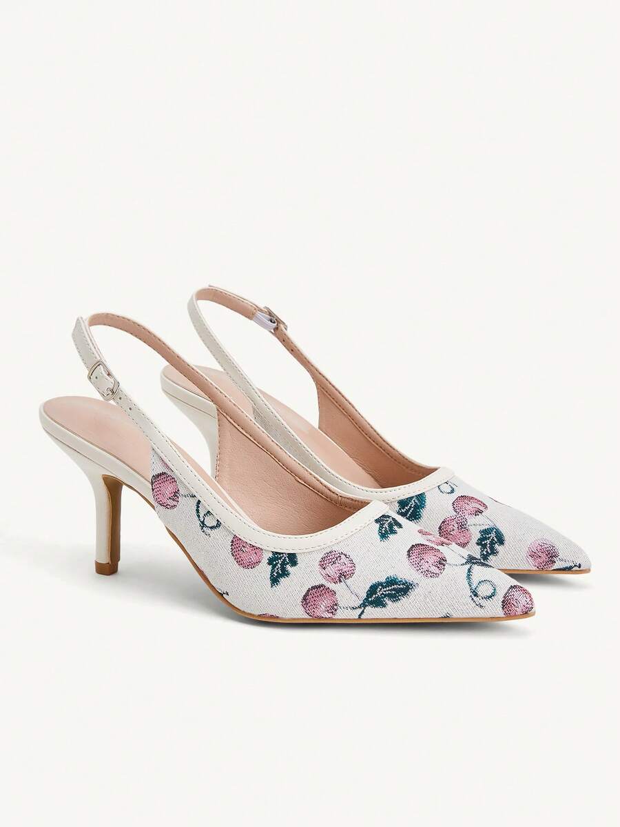 Elevate your everyday style with these stunning cherry pattern high heels, featuring an elegant pointed toe and distinctive buckle design. Crafted from quality canvas with asymmetrical embroidery and contrast binding details, these versatile slingbacks transition seamlessly from street wear to special occasions. The comfortable mid-heel stiletto provides all-day wearability, while the fairy-inspired aesthetic makes them perfect for Valentine's Day, parties, and holiday celebrations. A chic addition to any w