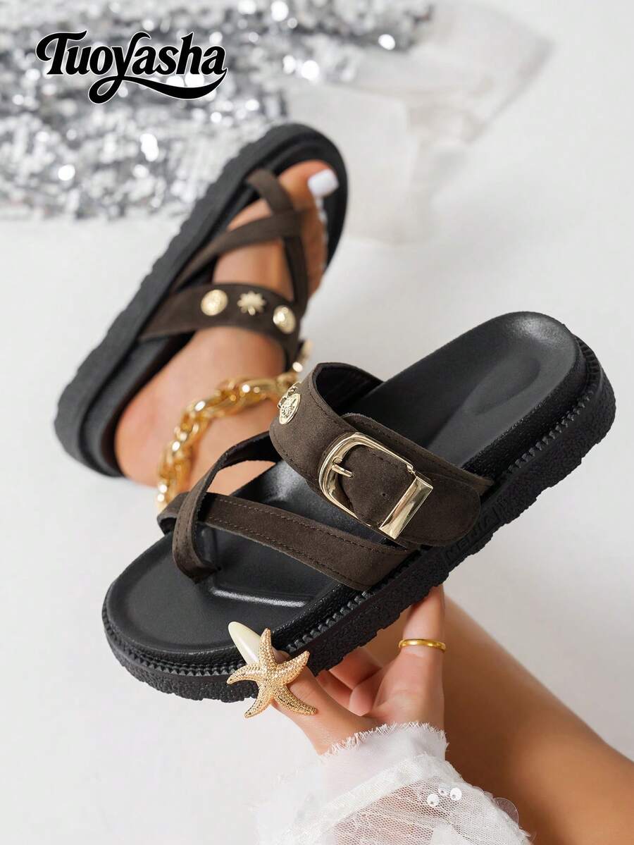 Step into everyday comfort with these Women's Metal Buckle Platform Slide Sandals, designed with a modern open-toe silhouette, adjustable metal buckle straps, and a supportive thick platform sole. The slip-on design makes them easy to wear, while the cushioned footbed provides lasting comfort for all-day adventures.