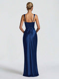 Rear full-length view of navy satin gown with lace-up back and adjustable shoulder straps