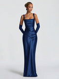 Full-length front view of navy blue satin slip gown with square neckline and floor-length skirt