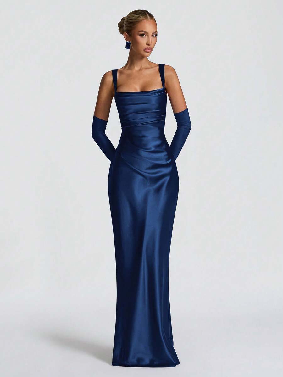 Full-length front view of navy blue satin slip gown with square neckline and floor-length skirt