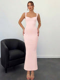 Pale pink backless bow maxi dress front view