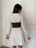 White pinstripe shirt mini dress with brown back panel rear view