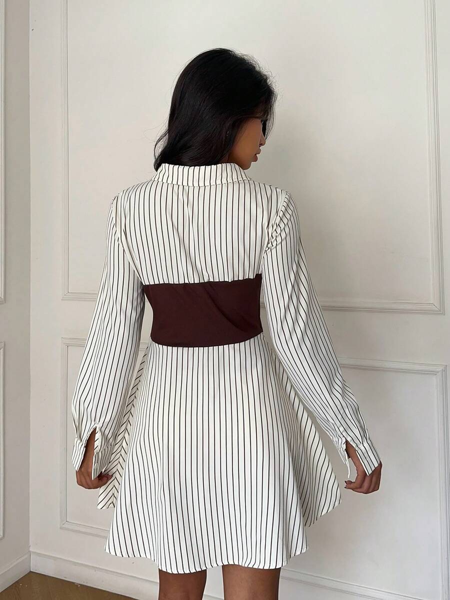 White pinstripe shirt mini dress with brown back panel rear view