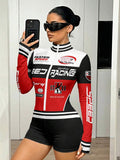 Front view of red white and black racing print long-sleeve zip romper