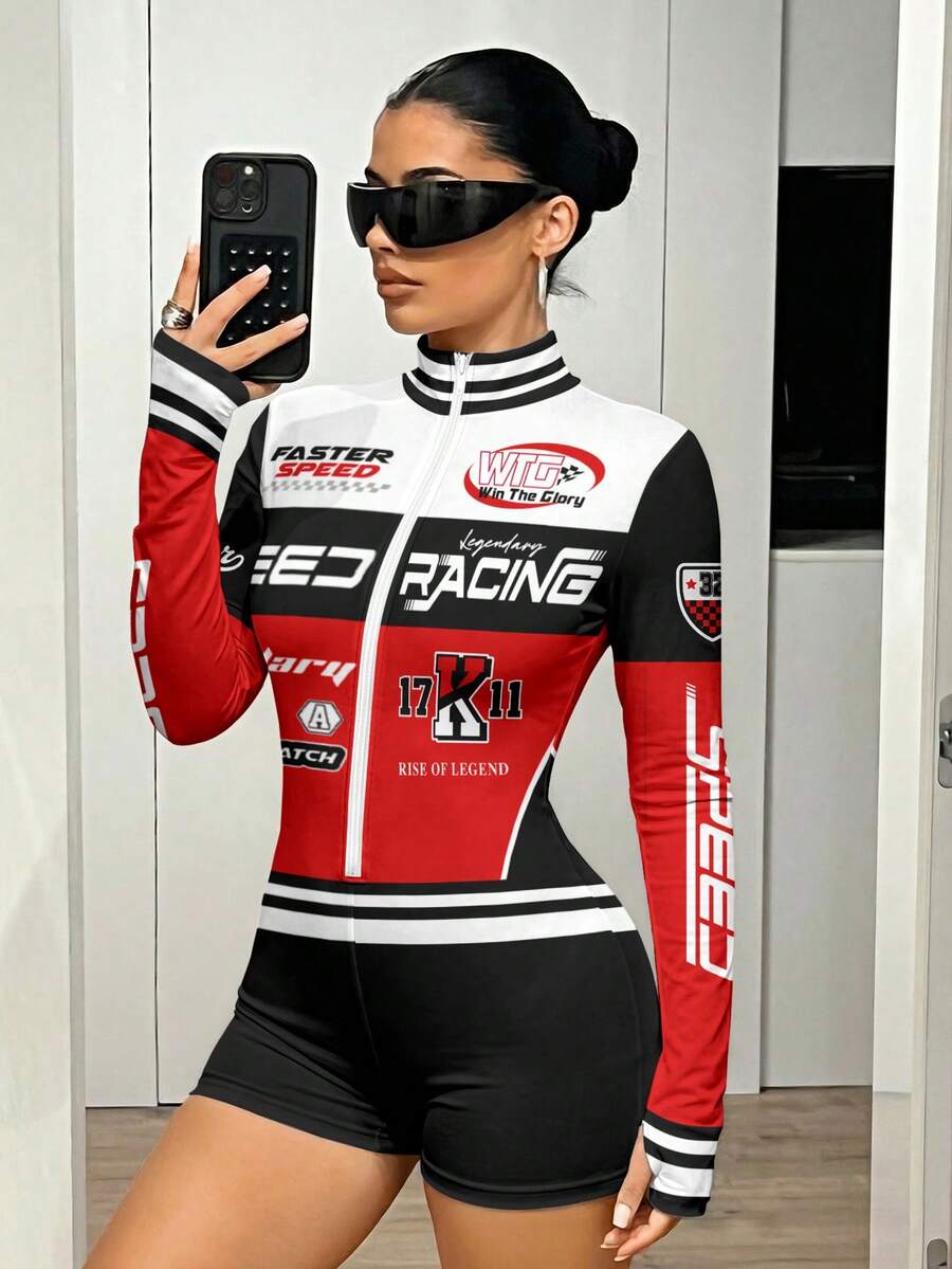 Front view of red white and black racing print long-sleeve zip romper