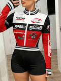 Close view of red racing print romper with stand collar and front zipper
