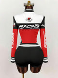 Back mannequin view of red white and black racing print long-sleeve romper
