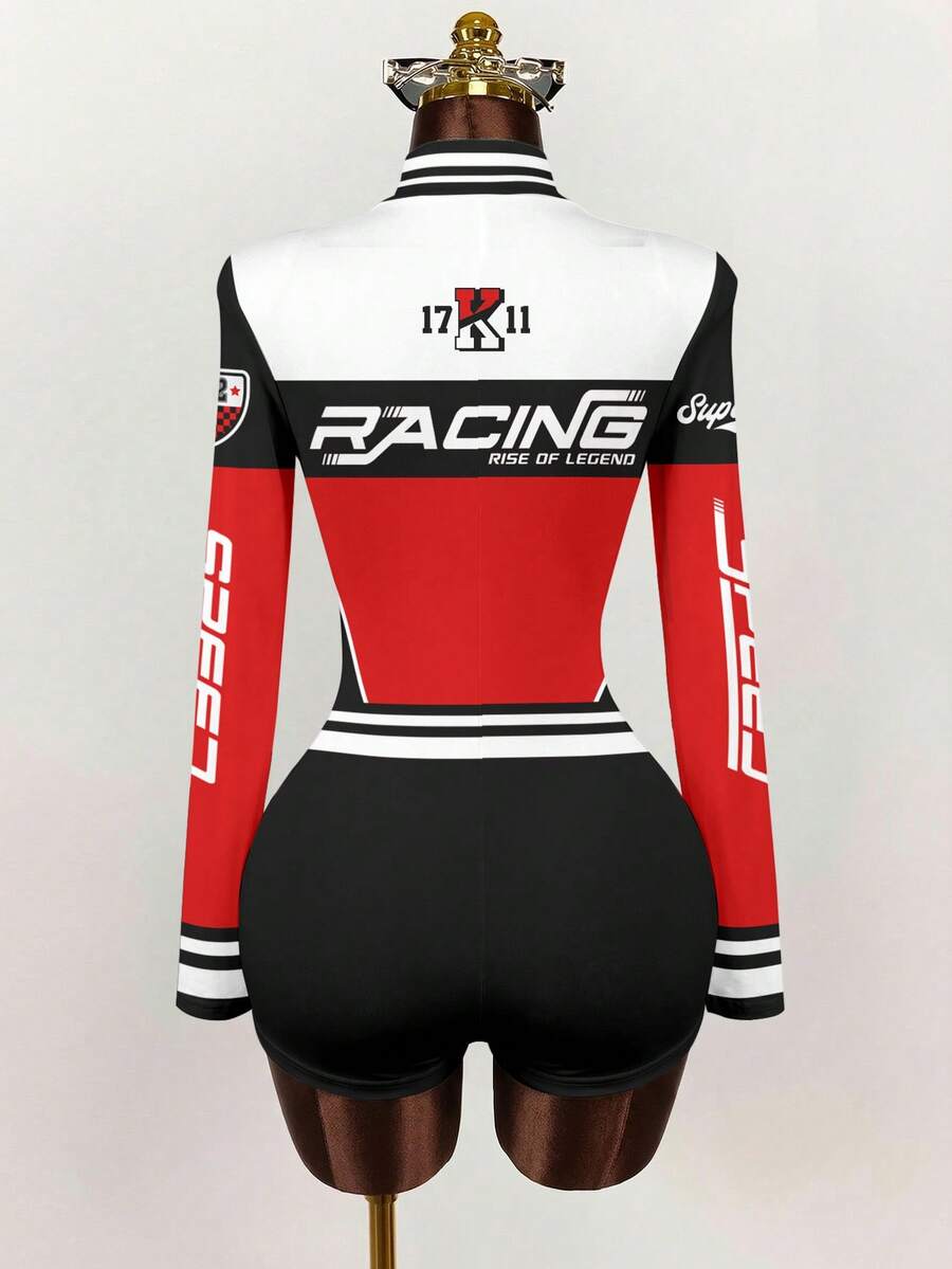 Back mannequin view of red white and black racing print long-sleeve romper
