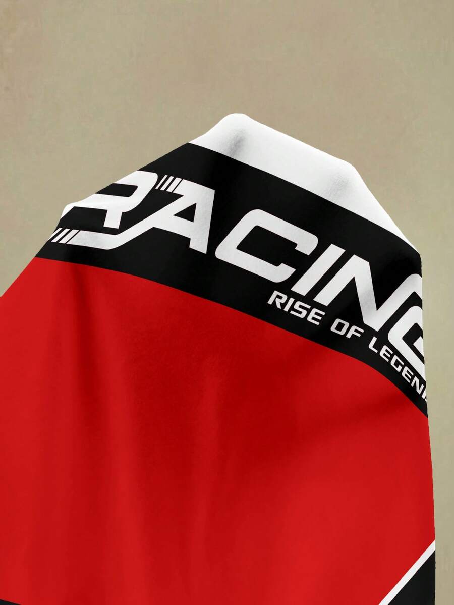 Close-up of red racing graphic fabric and back lettering detail